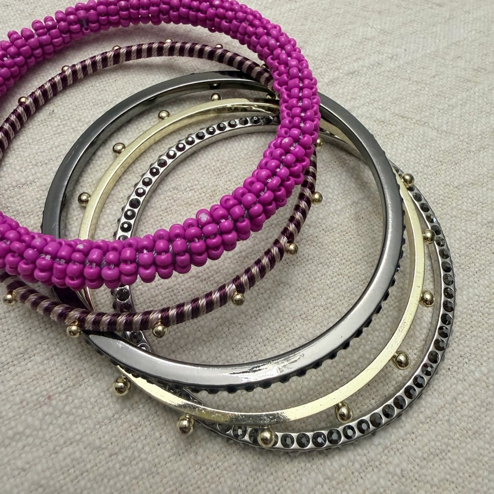 Mixed Bangle Stack – Hot Pink Beaded & Gold Tone Rhinestone Set